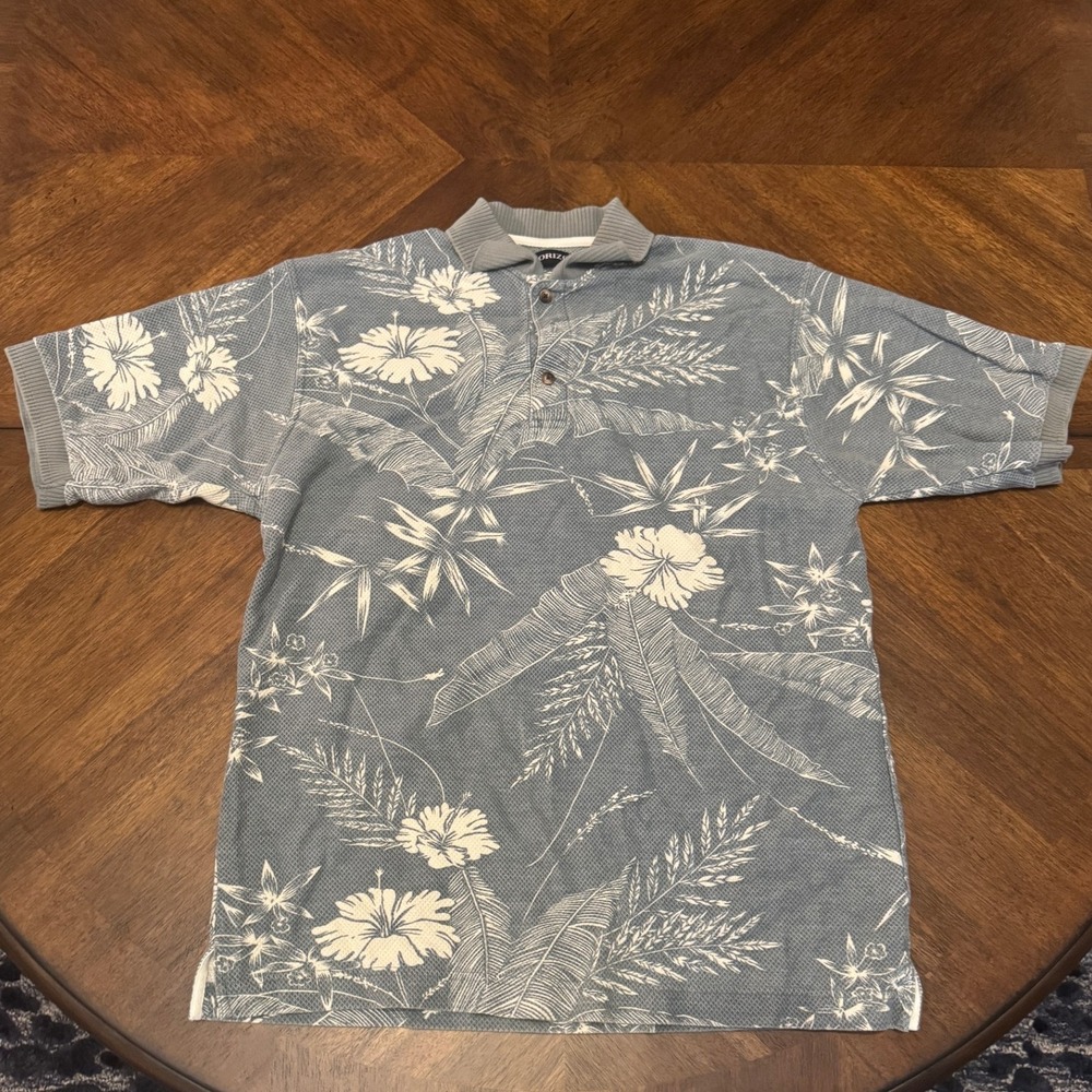 Horizon Mens Polo Shirt Large Blue White Floral Tropical Golf Casual |F1